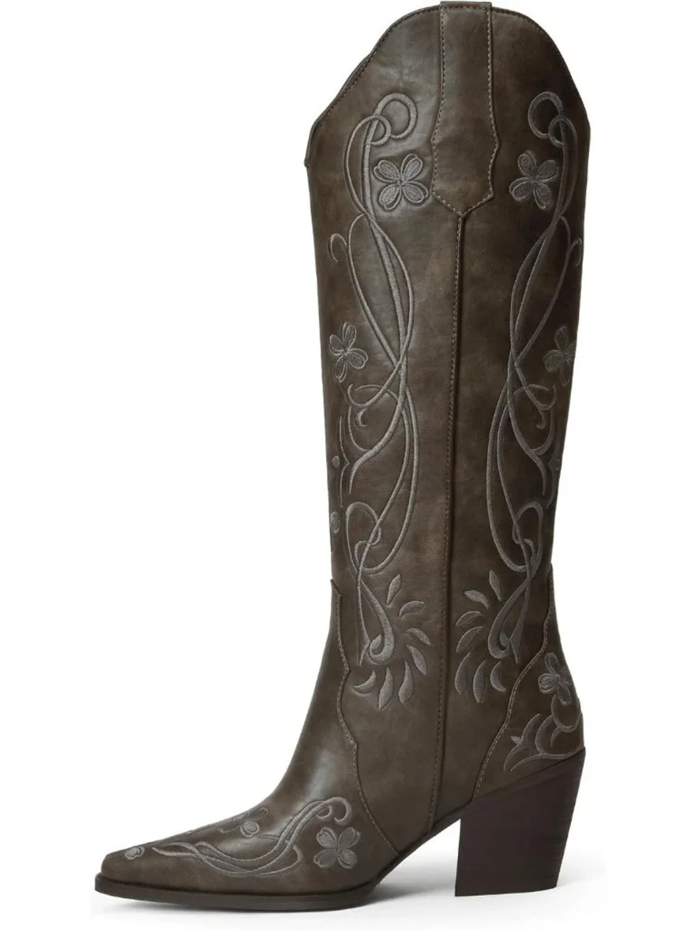 Women's Dark Bronze pu Knee High Floral Embroidered Vintage Cowgirl Boots